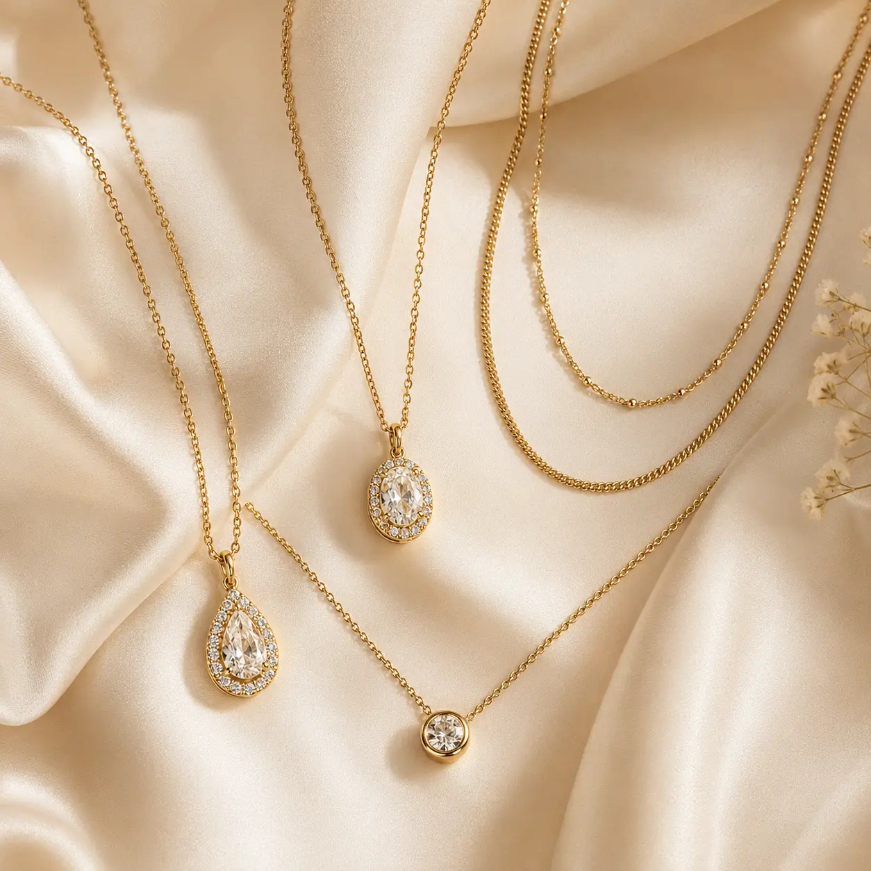 Curated gold-tone Ruvia necklace collection on ivory silk