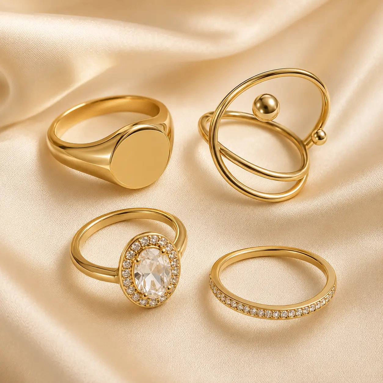Curated gold-tone Ruvia ring collection on ivory silk