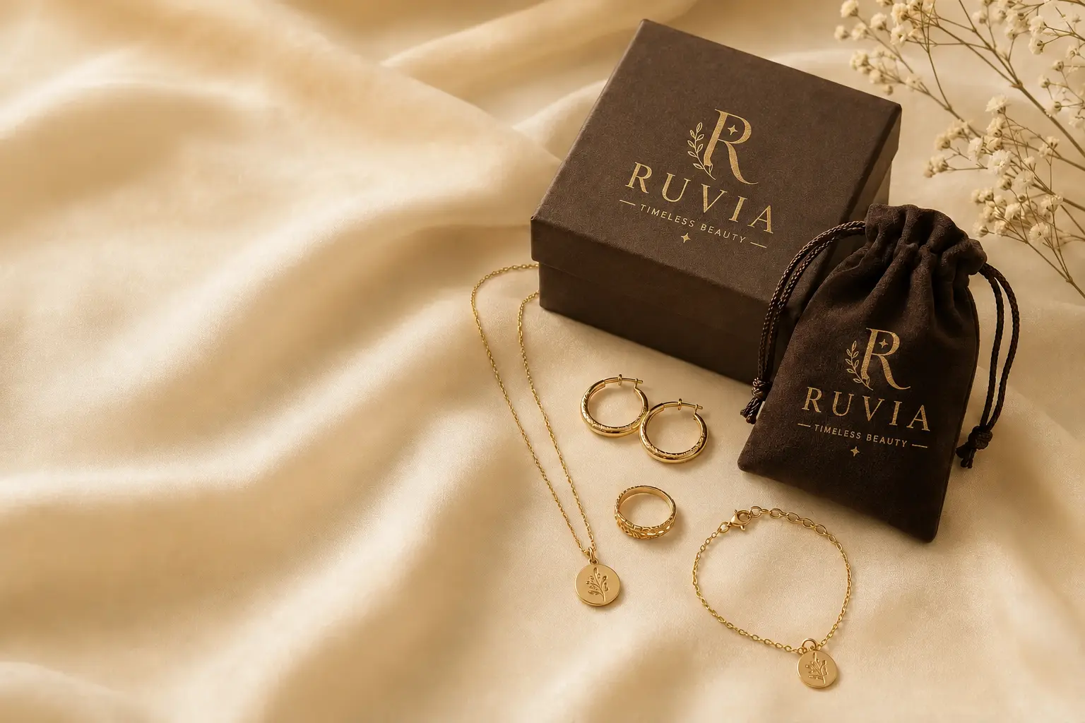 Ruvia jewelry and premium gift packaging on ivory silk