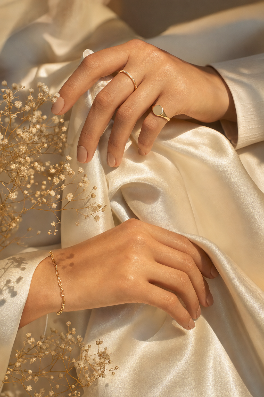 Gold rings and bracelet on hands holding ivory silk