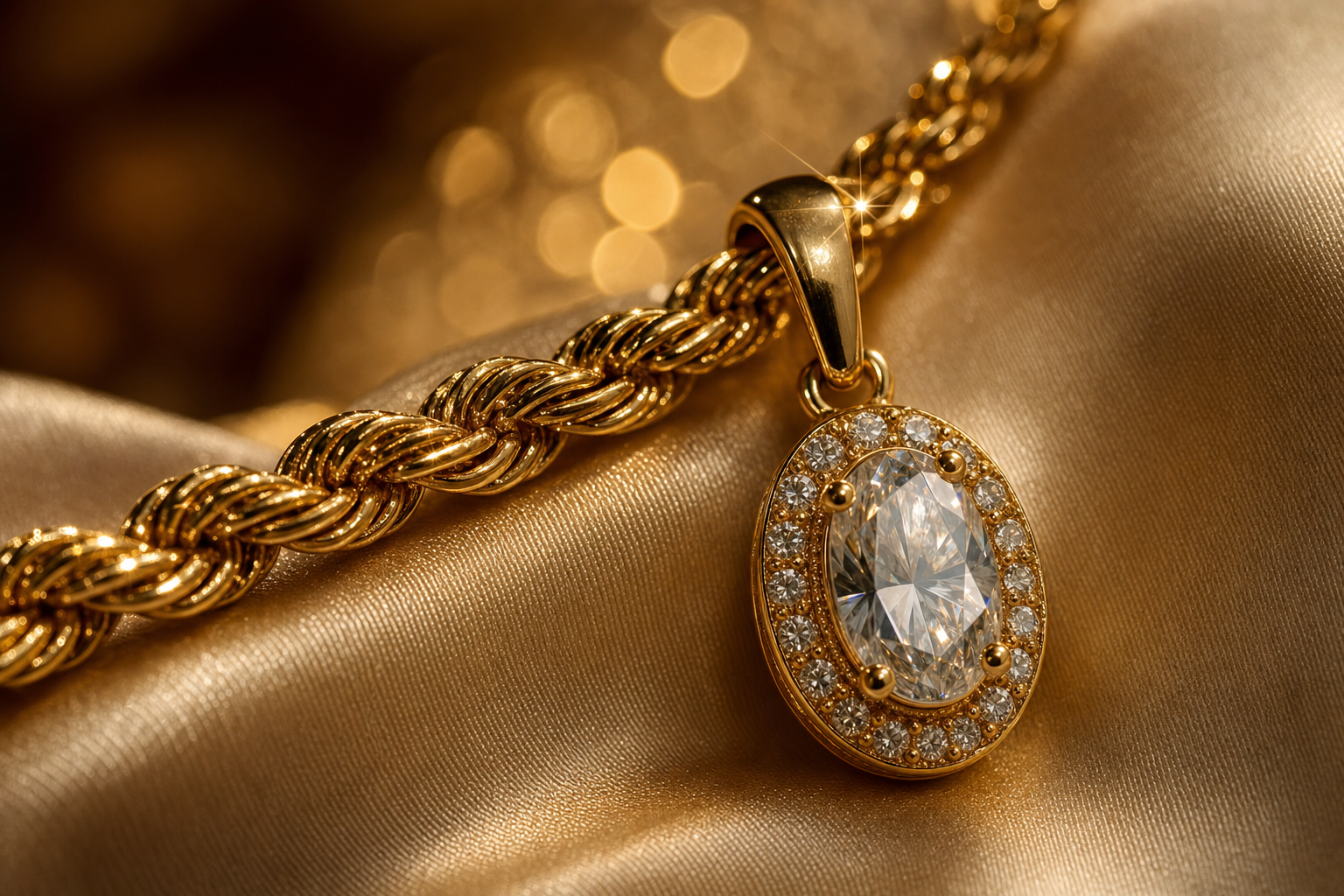 Macro of a gold rope chain and halo pendant on ivory satin
